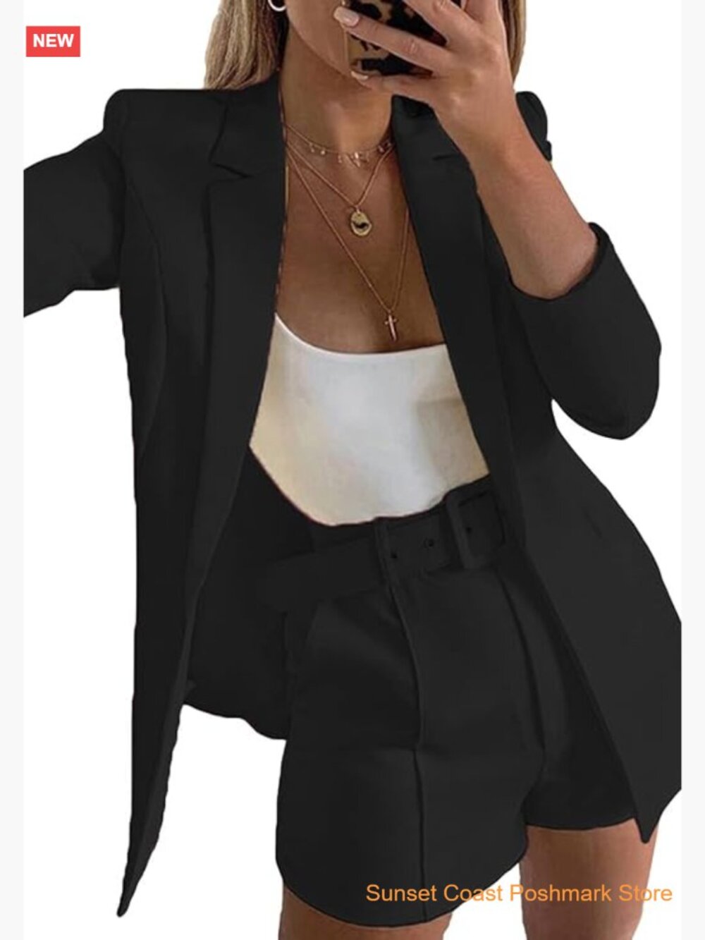 Womens 2 Piece Blazer Shorts Set Long Sleeve Open Front with Belt Casual